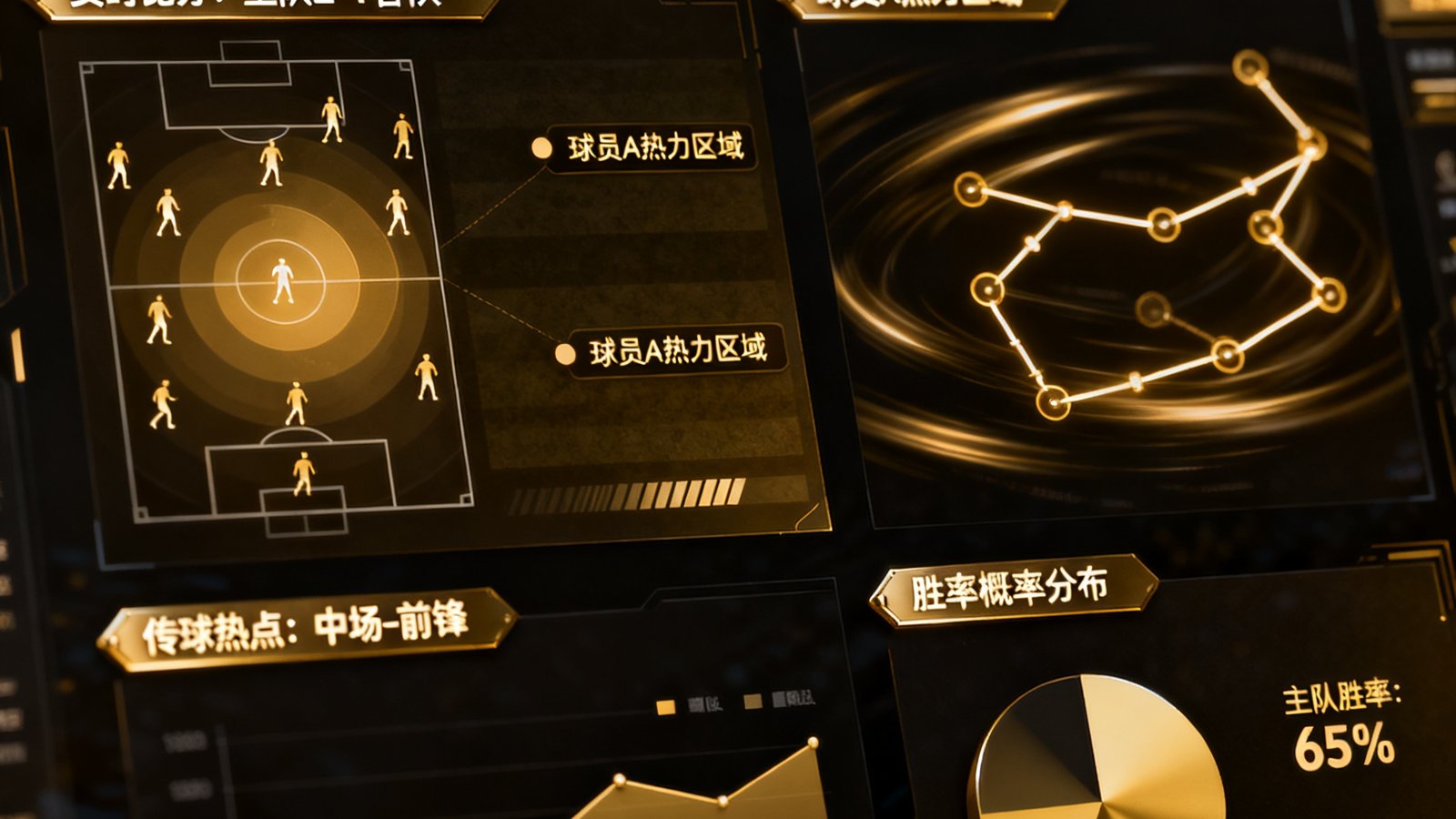 足球分析预测平台的数据仪表盘界面，展示实时比分、球员热力图、传球路线和胜率概率分布，深色主题配金色数据高亮，科技感十足